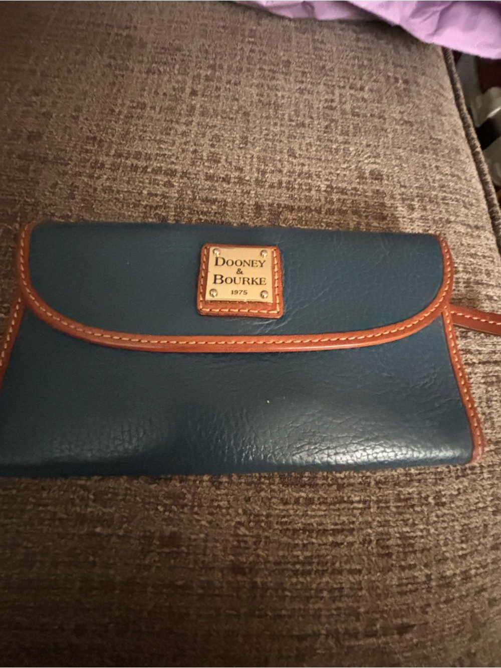 Dooney & Bourke Teal Leather Wristlet with Brown Trim and Logo Plaque